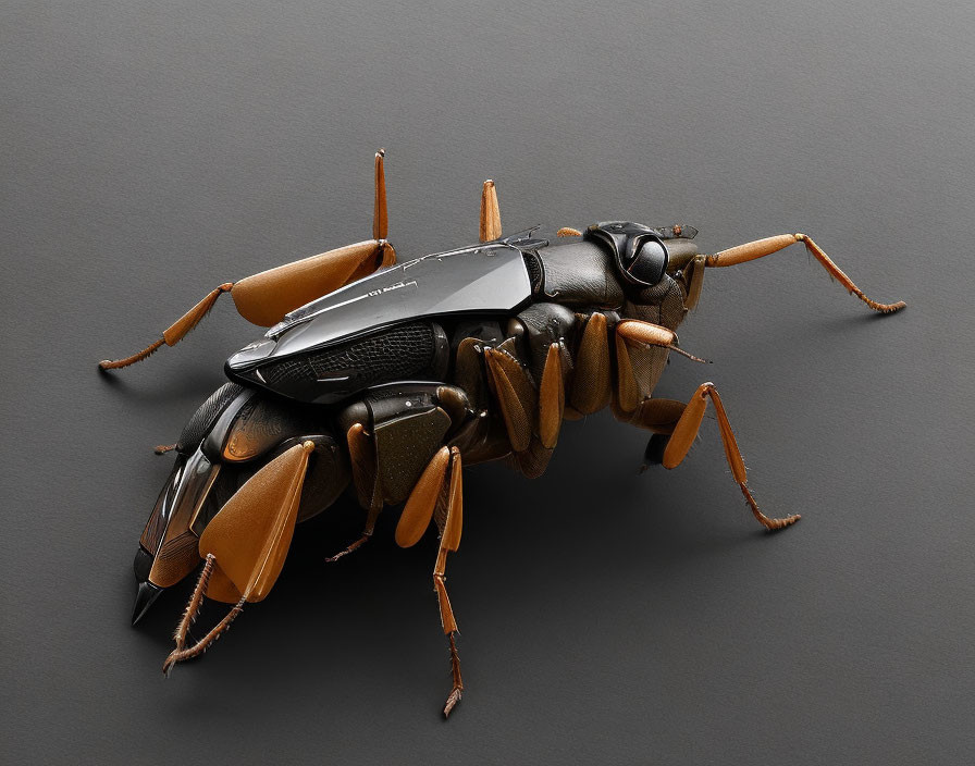 Realistic digital illustration: beetle with high-tech armor on gray background