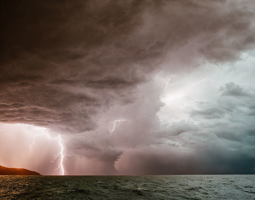 Stormy Seascape with Lightning Strikes Over Ocean