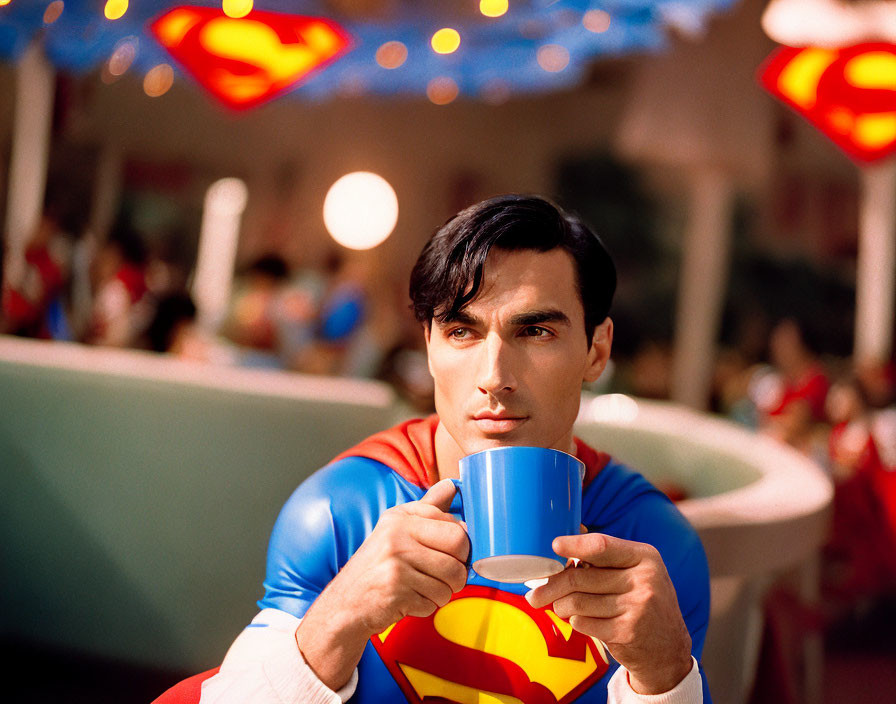 Superman cosplay group at cafe with blue mug