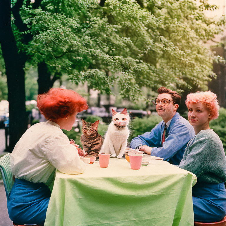 Outdoor scene: three people, two cats at table with green tablecloth, vibrant setting.