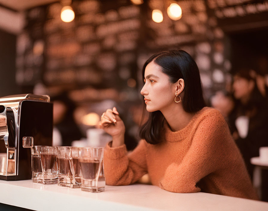 Woman in Orange Sweater Sitting at Bar with Water Glasses and Toaster