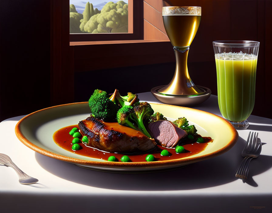 Plate of Roast Meat with Broccoli and Peas, White Wine, Green Juice on Table with