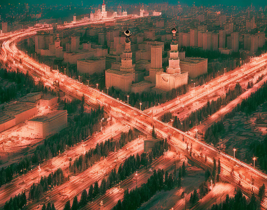 Cityscape at Dusk: Vibrant Red and Orange Glow, Prominent Building, Busy Highways