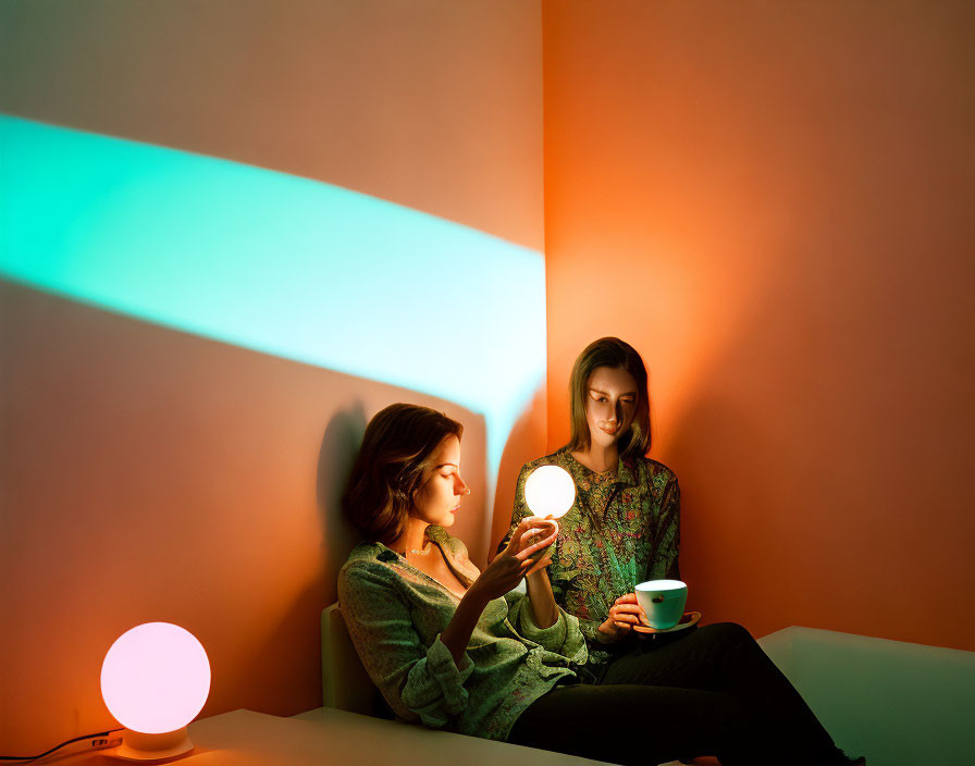 Two individuals seated by orange wall, one with lit bulb, other with cup, under colorful lighting