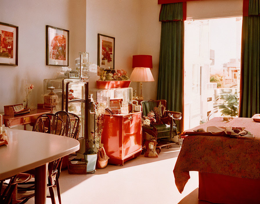 Vintage Decor: Sunlit Room with Wooden Chairs, Floral Tablecloth, Lamp, and Balcony