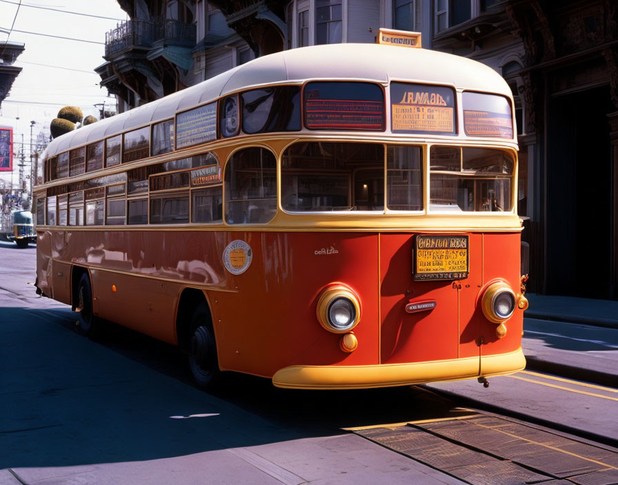 Vintage orange and yellow double-decker bus on city street with clear skies and buildings.