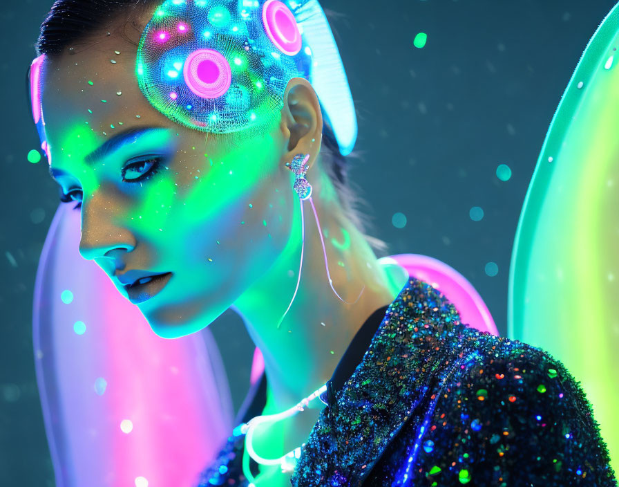 Glowing makeup and futuristic accessories under neon lights