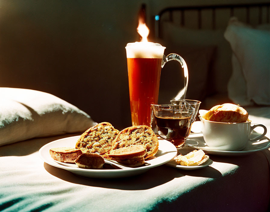 Warm sunlight on waffles and coffee in bed.