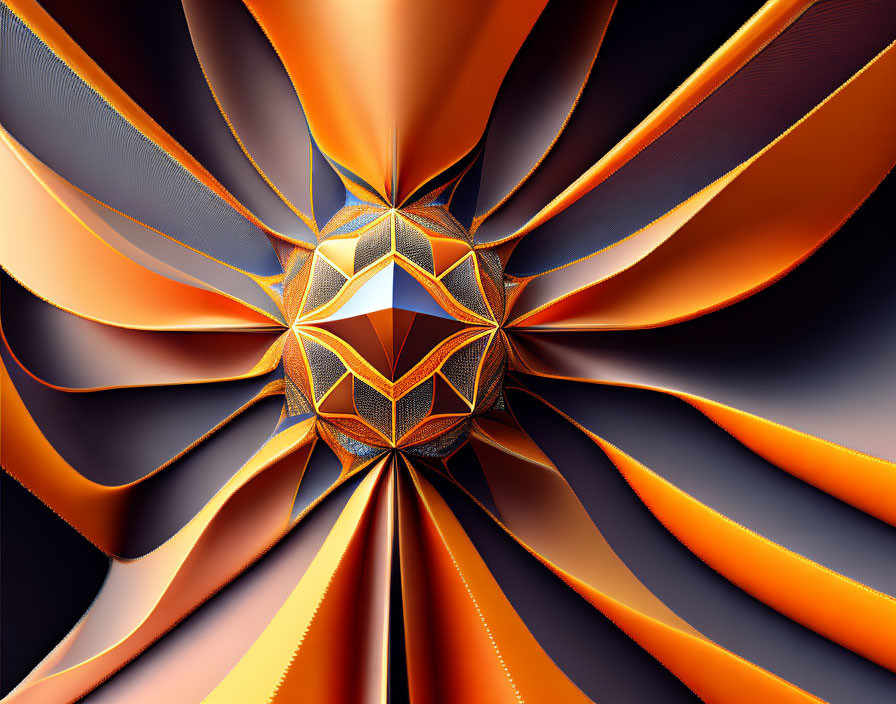 Symmetrical geometric digital art in orange, black, and gold.