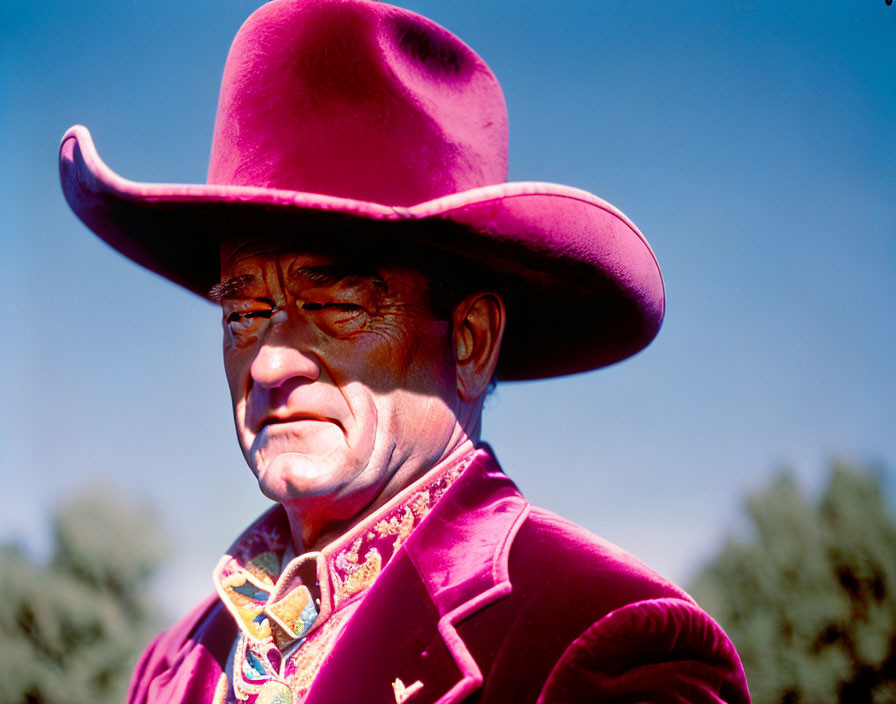 Man in Pink Cowboy Hat and Jacket Against Blue Sky