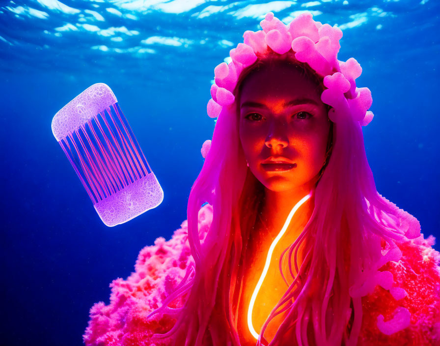 Woman with neon pink lighting and coral-like headdress underwater near jellyfish.