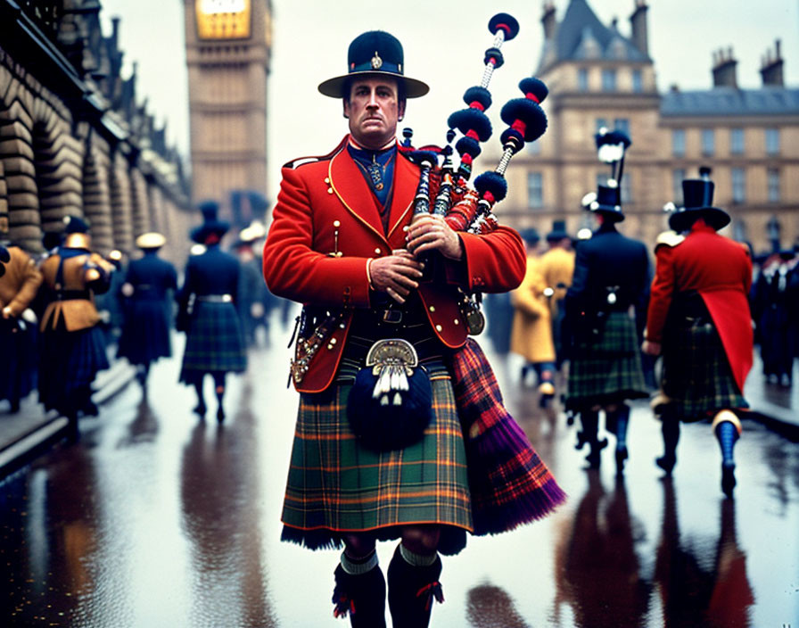 Traditional Scottish bagpiper in kilt and feather bonnet on city street