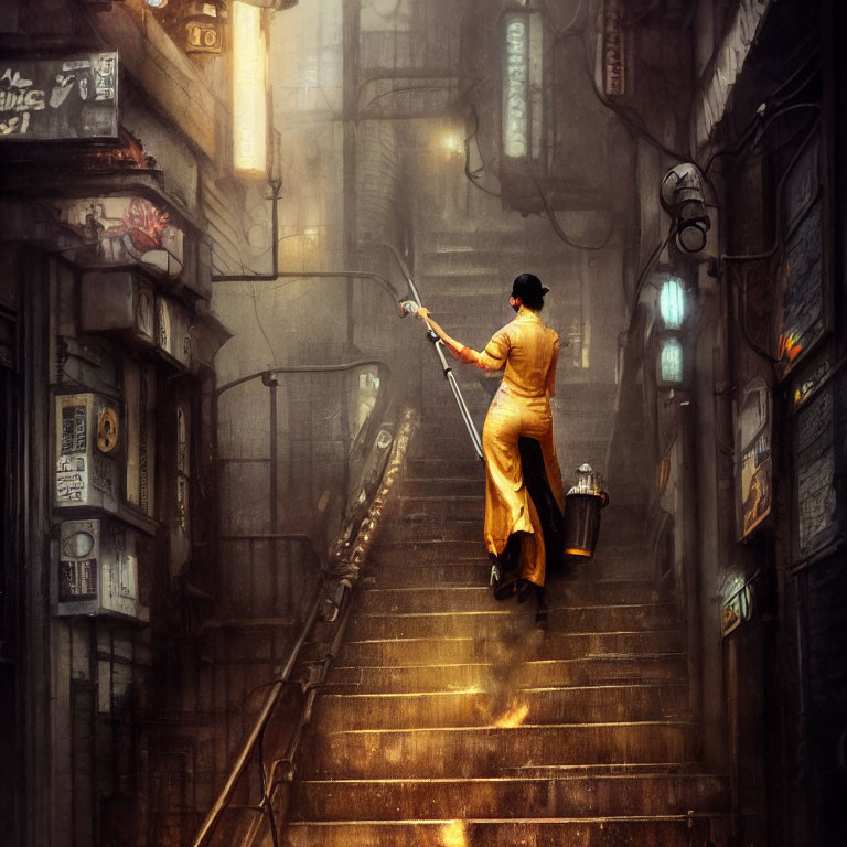 Person in Traditional Attire Ascends Misty Lantern-lit Alleyway