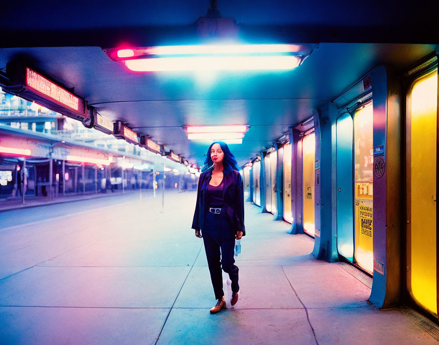 Woman in neon-lit corridor under twilight sky