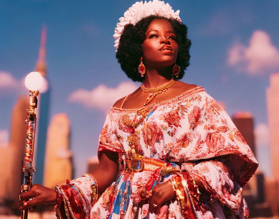 Woman in decorative dress poses with staff against city skyline and blue sky