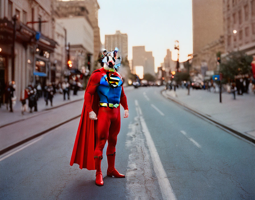 Colorful superhero in cape and mask on empty city street at dusk