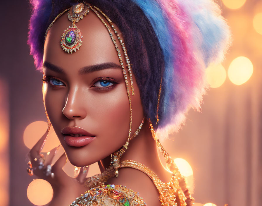 Colorful digital artwork: Woman with blue eyes, multicolored hair, gold jewelry, and bo