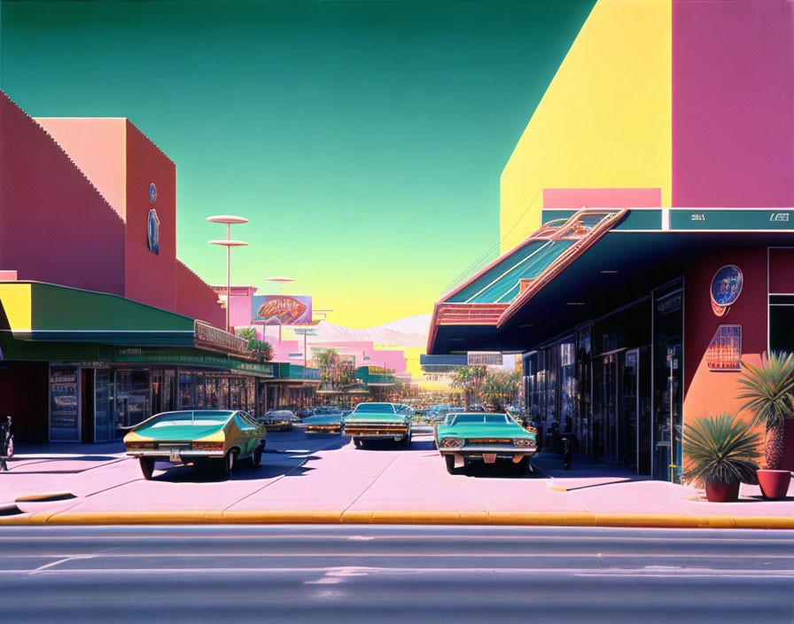 Colorful Retro Street Scene with Vintage Cars and Mountain Silhouettes