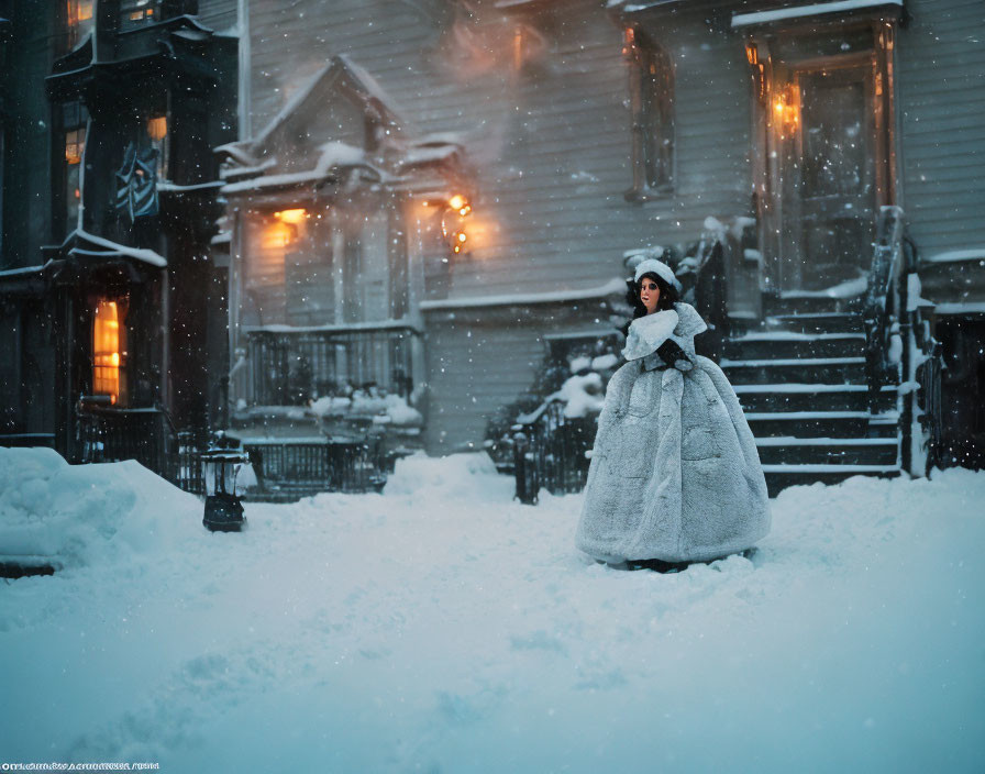 Vintage-dressed woman on snowy street at dusk