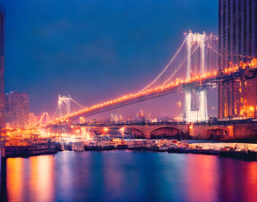 Lit suspension bridge over water with city buildings, colorful lights reflecting.