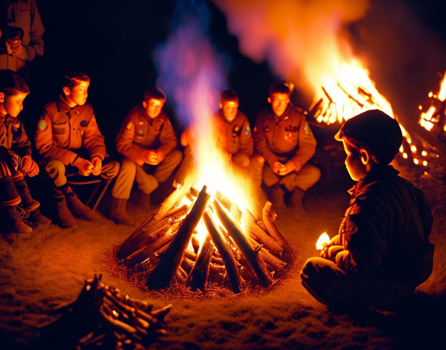 Scouts in uniform gathered around glowing campfire at night