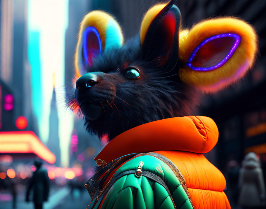 Stylized anthropomorphic animal with black fur and neon urban backdrop