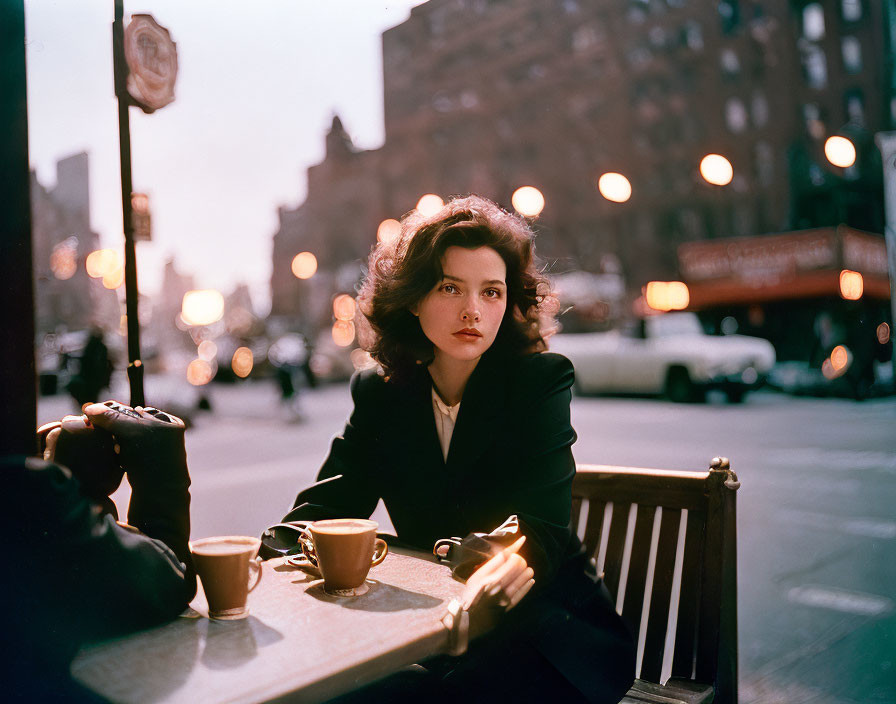 Woman sitting pensively at street cafe during sunset with coffee cups and city backdrop