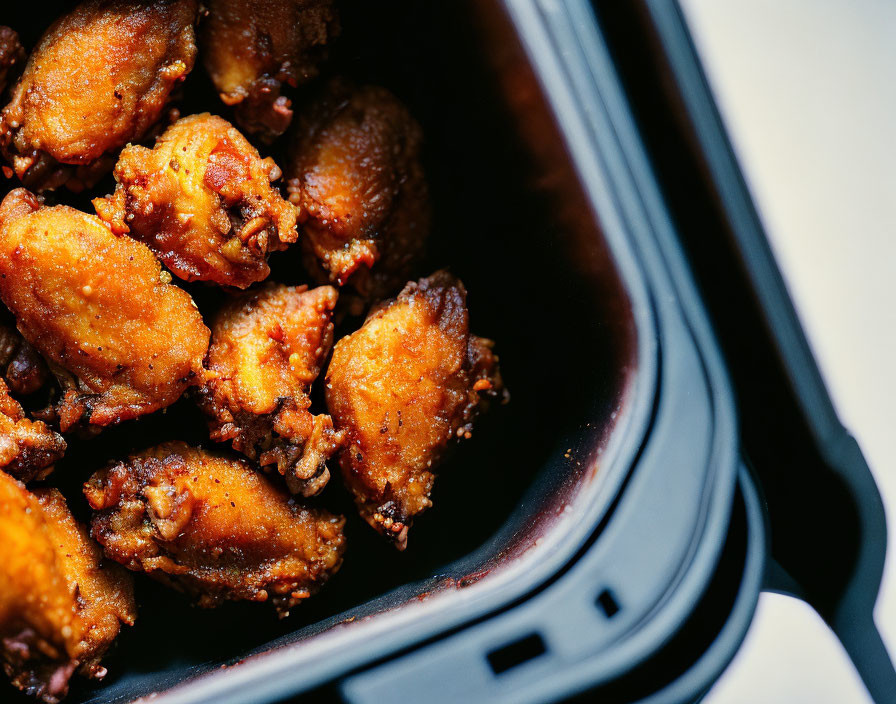 Golden-brown Crispy Fried Chicken Wings in Black Container