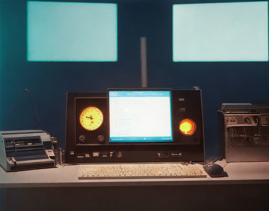 Vintage electronic equipment and analog dials beside a computer monitor on blue screen desk.