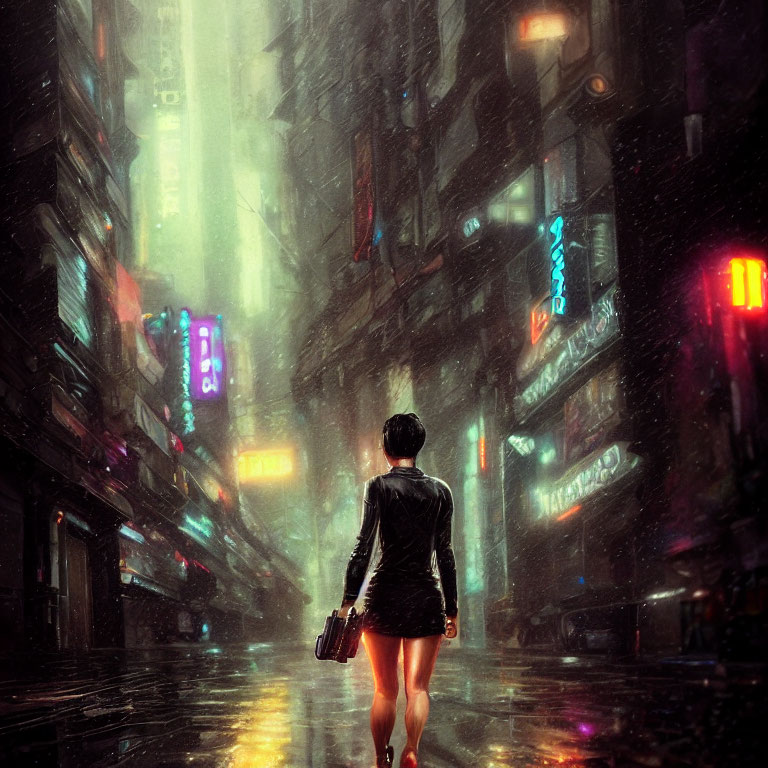 Person in Black Leather Jacket Walking in Rainy Neon-Lit Urban Alleyway