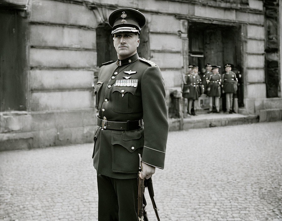 Uniformed guard with rifle in front of historical building, group of guards in background