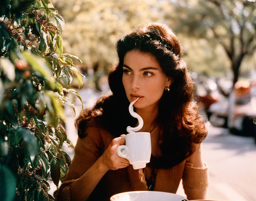 Dark-haired woman sipping from cup with spiral straw outdoors by green shrub, cars and trees in