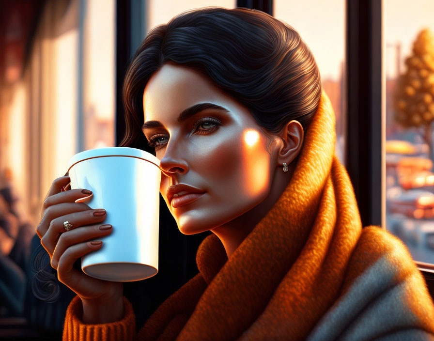 Woman with elegant hairstyle and makeup holding cup near window at sunset