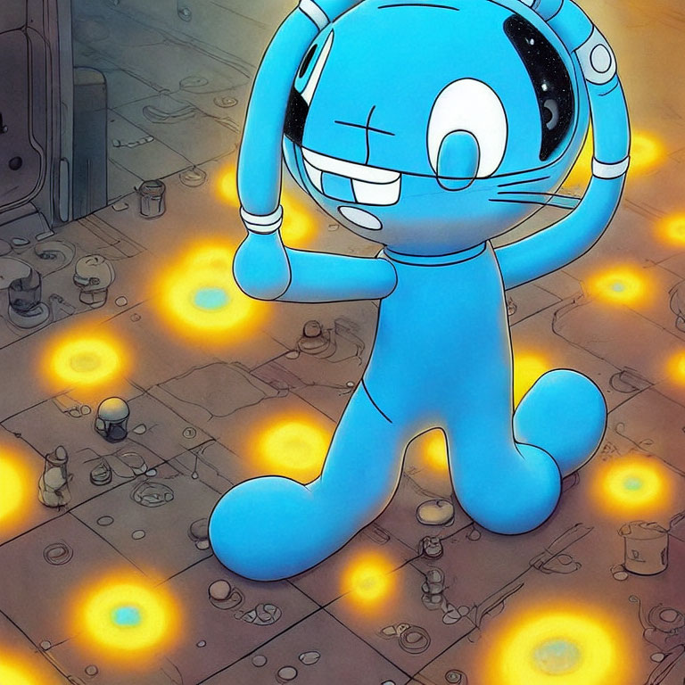 Blue robotic cat character with large head and bell, surrounded by glowing yellow orbs