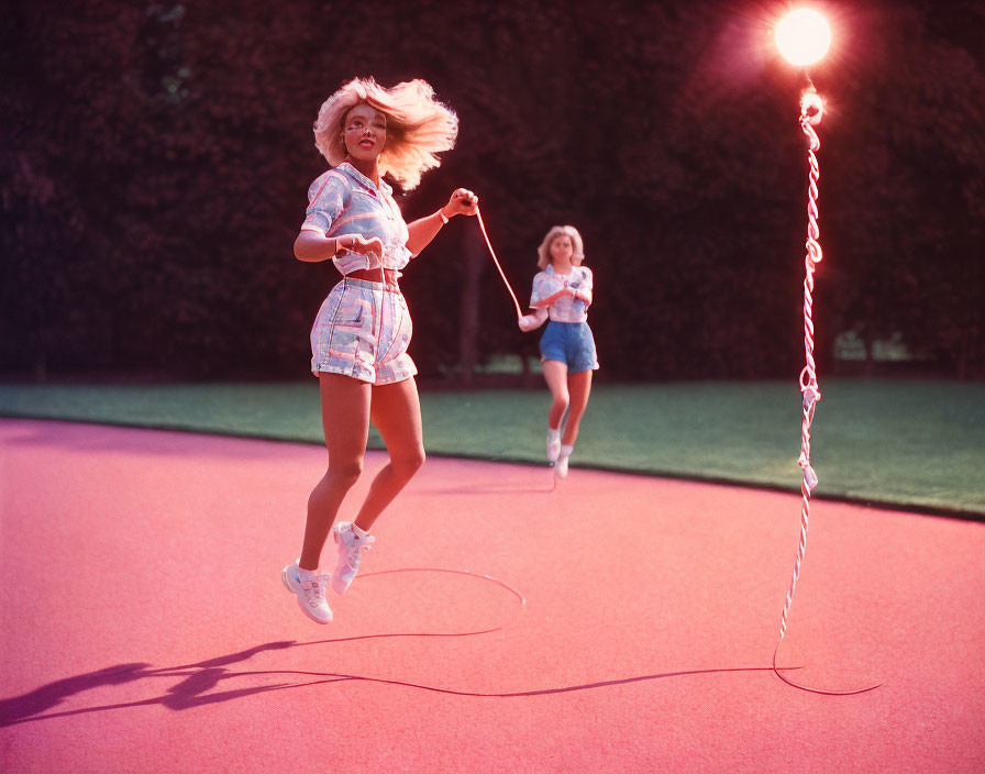 Two women in matching outfits skipping rope on pink surface under sunlight glare