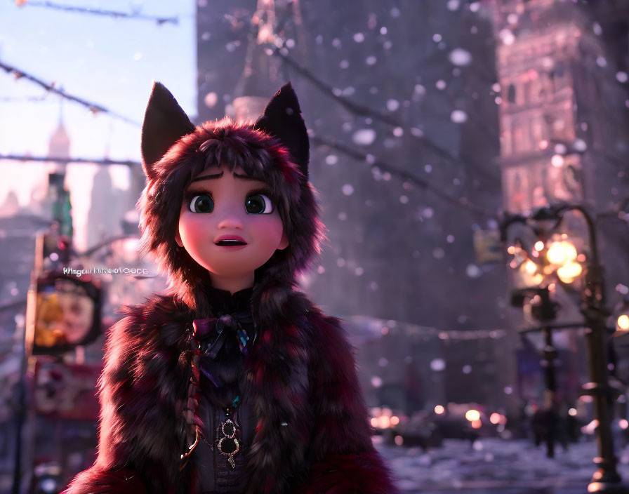 Cat-eared animated character in fur coat in snowy cityscape at dusk.