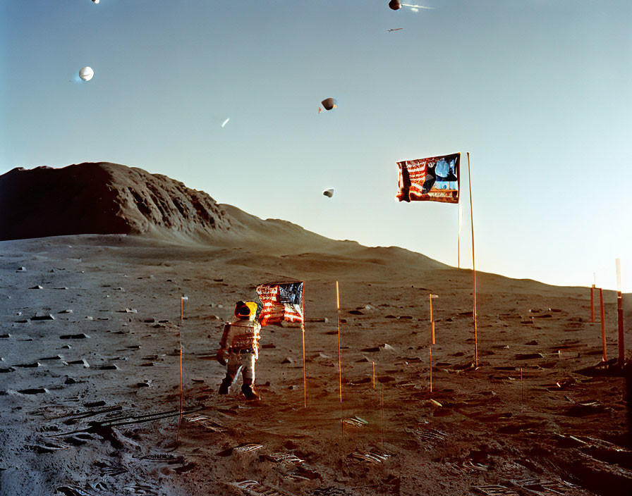 Astronaut on barren landscape with flags, rocks, and moon in sky