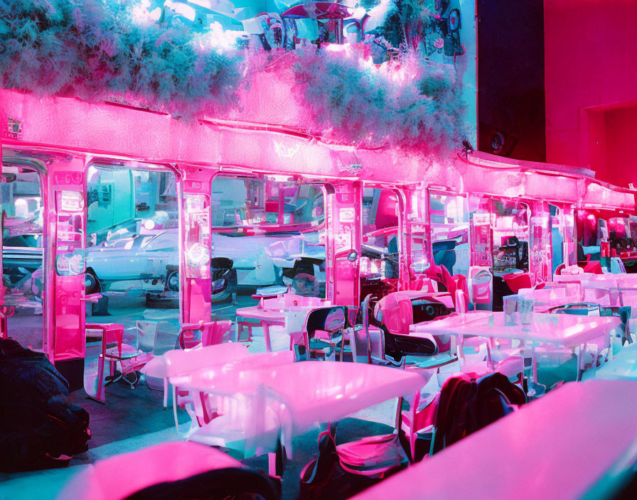 Neon-lit diner with retro decor and classic cars