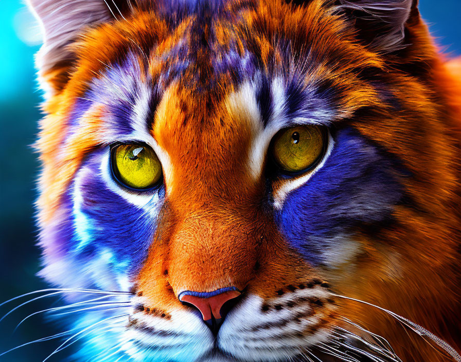 Colorful Tiger Digital Art with Yellow Eyes on Blue Background