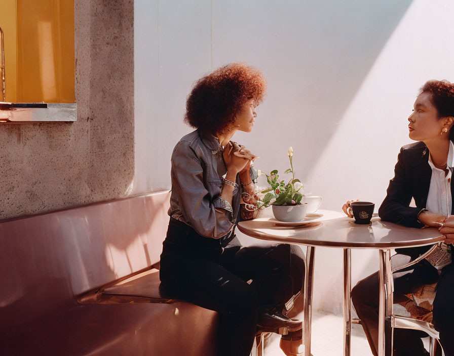 Women chatting at sunlit café table with coffee cups and plant