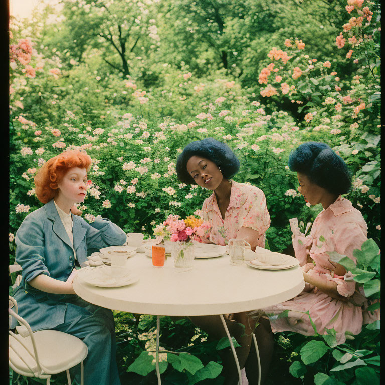 Women chatting at garden table with lush greenery & roses