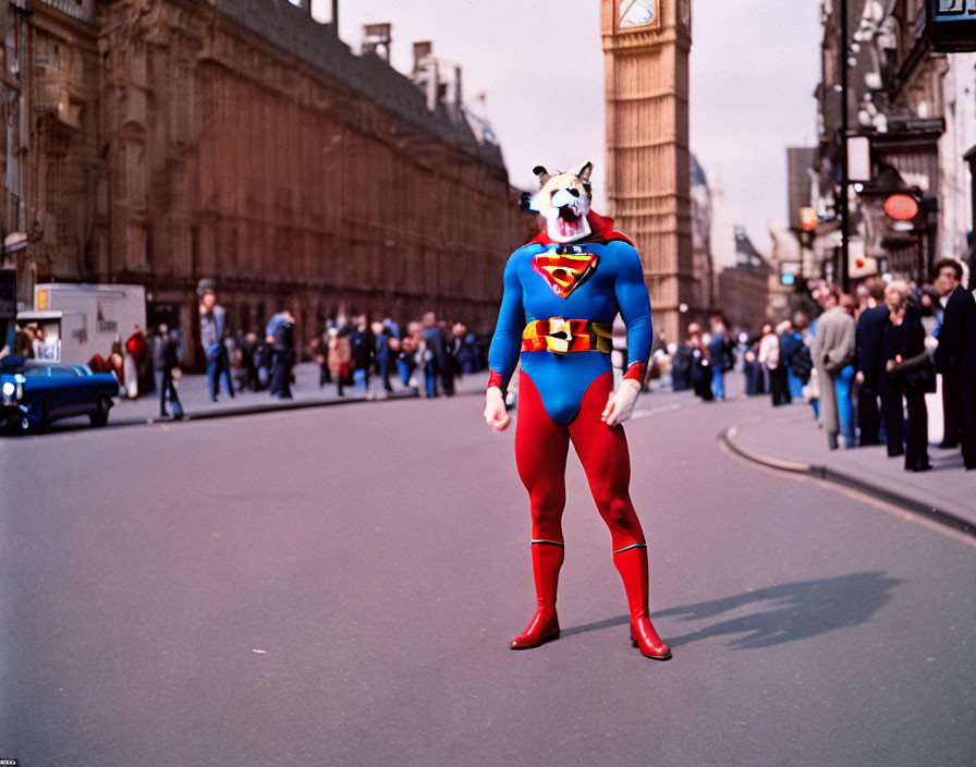 Superman costume with horse head mask in city street scene