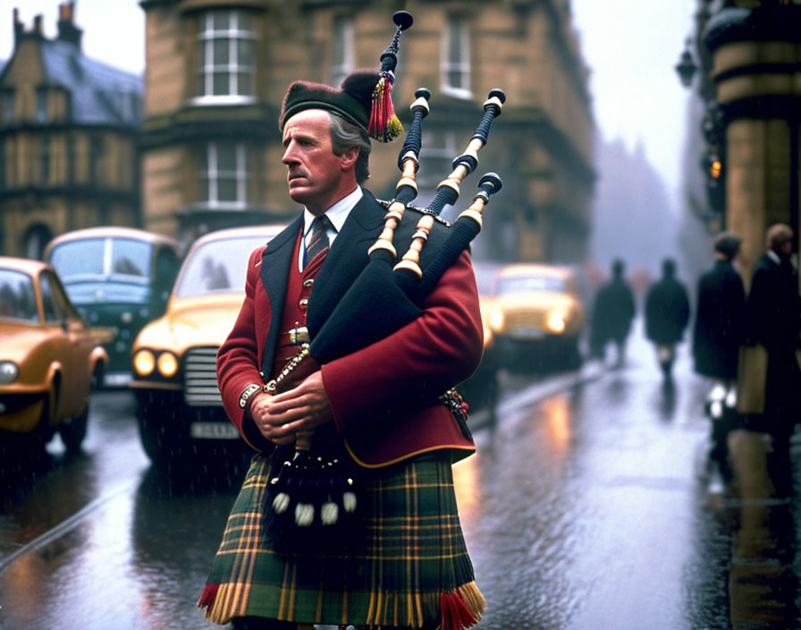 Traditional Scottish kilt bagpiper on misty street with vintage cars