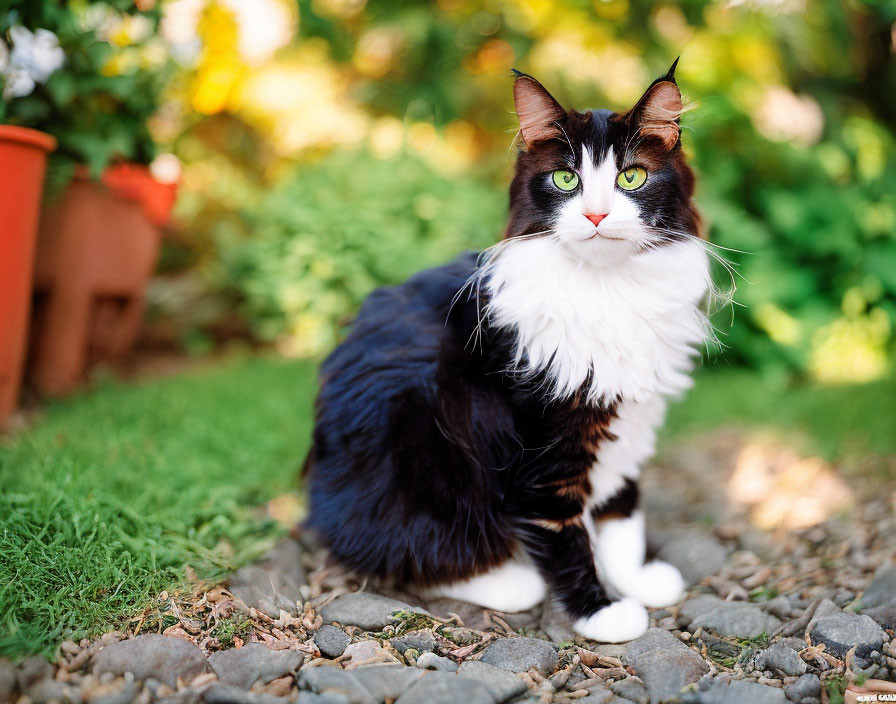 Fluffy Black and White Cat with Green Eyes on Pebbled Path