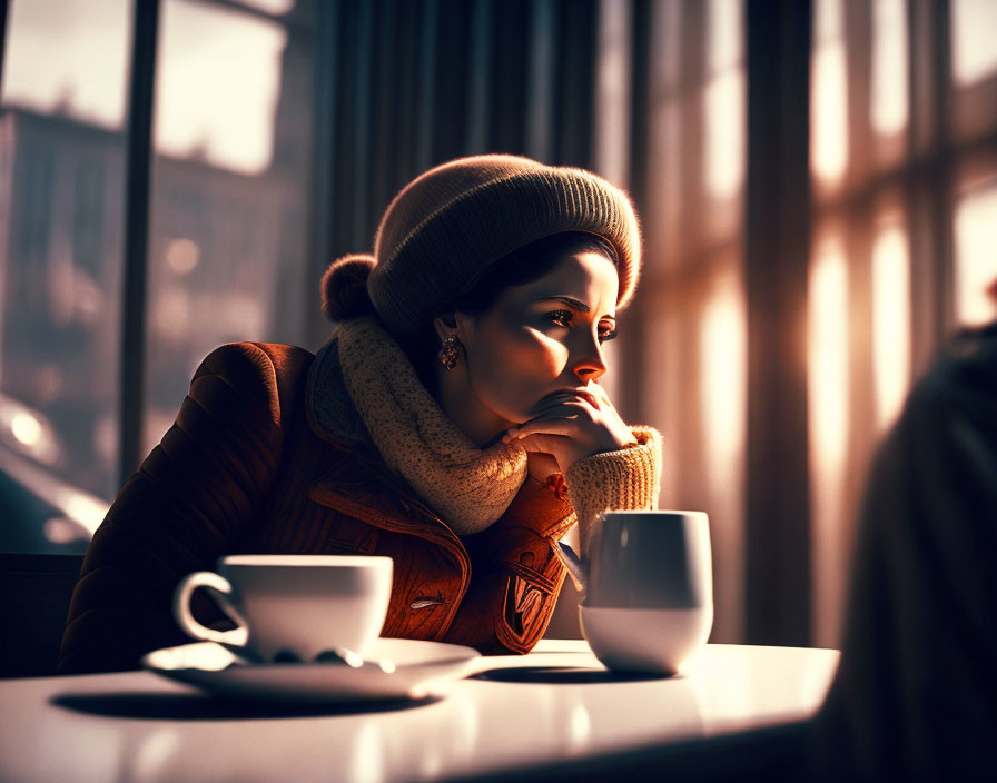 Person in warm attire gazes out window with coffee in sunny room