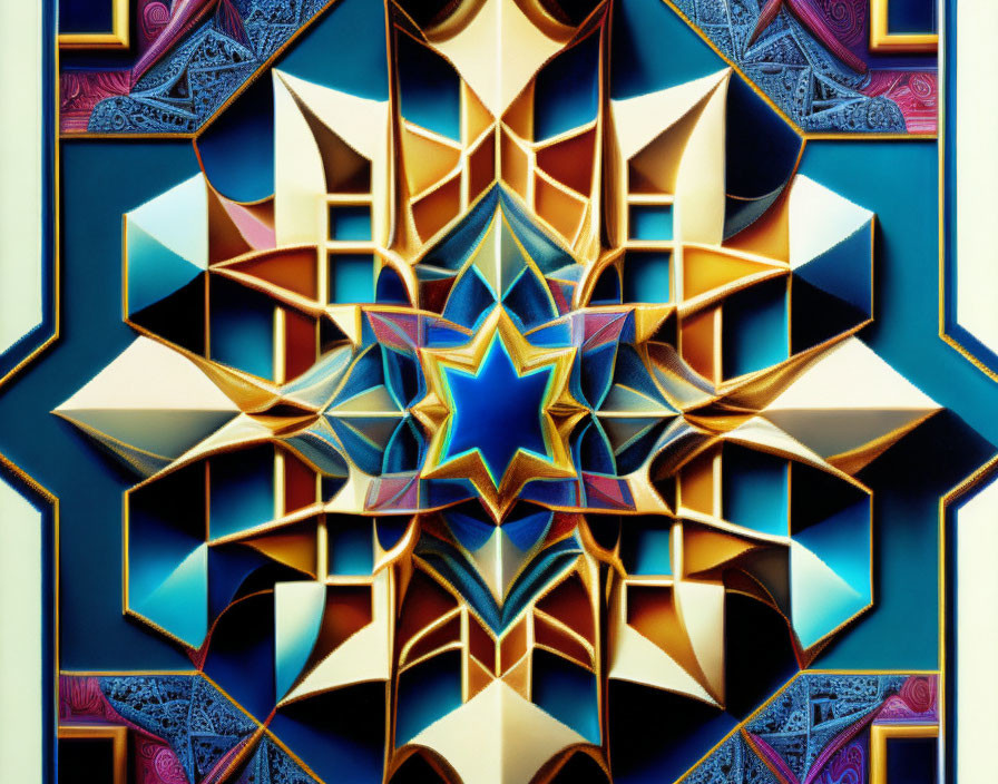 Symmetrical abstract kaleidoscope pattern with blue, gold, and white geometric designs