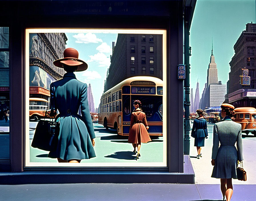 Vintage-style image of a woman in blue coat and hat on bustling street with retro vehicles.