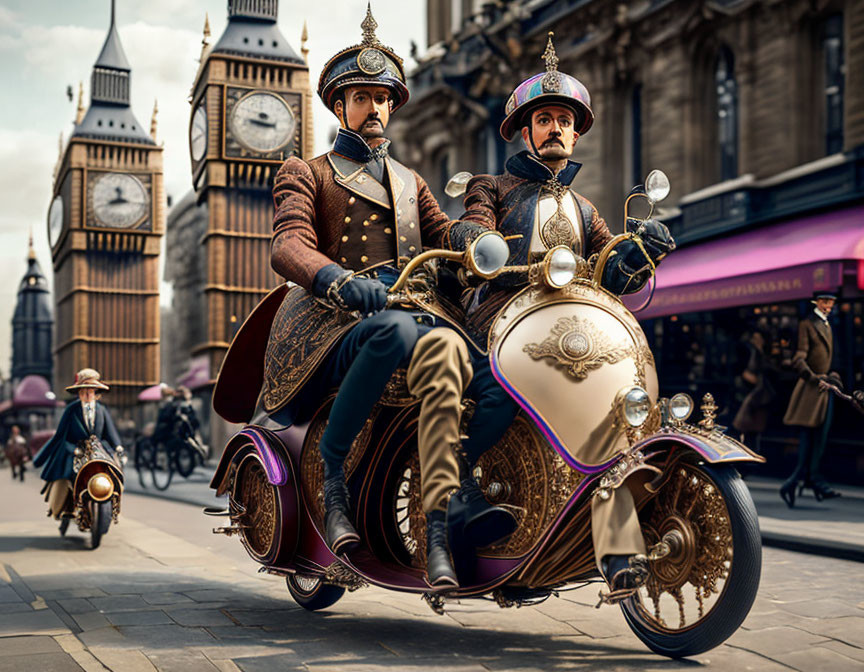 Vintage attired duo on retro-futuristic motorcycle with Big Ben in historic cityscape