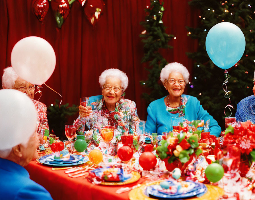 Festively dressed elderly women at Christmas table with balloons and tree