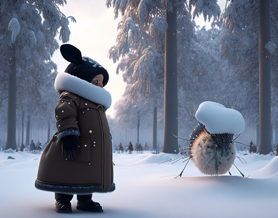 Child in winter attire meets fluffy snow-covered creature in snowy forest